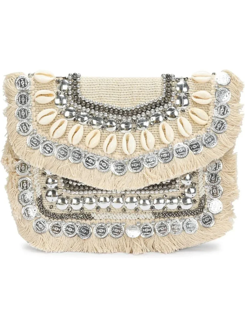 Chic Woven Clutch with Shell & Coin Details, Stylish Chain Strap Crossbody Bag